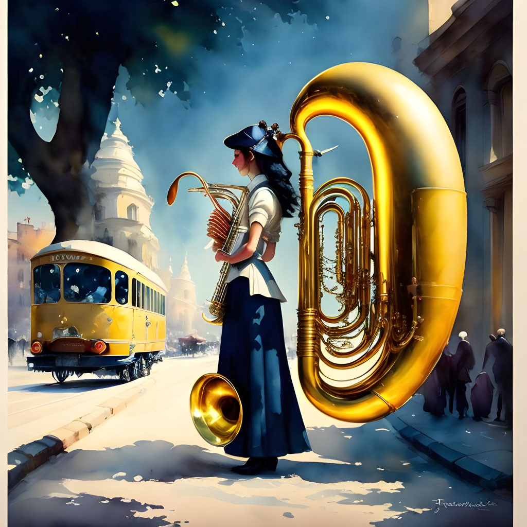 Surreal illustration of woman with brass tuba in cityscape
