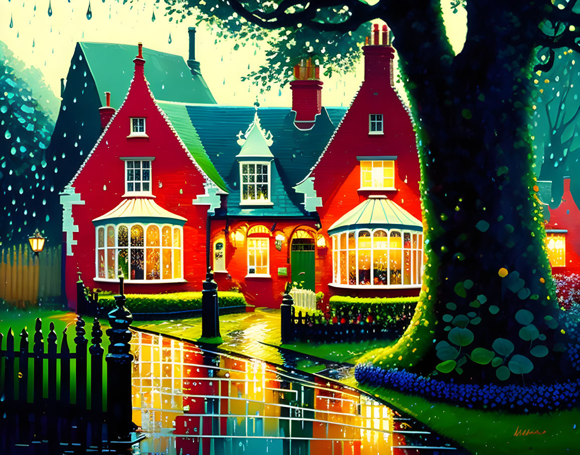 Red Victorian houses painting: Rainy day scene with lit windows and tree reflection