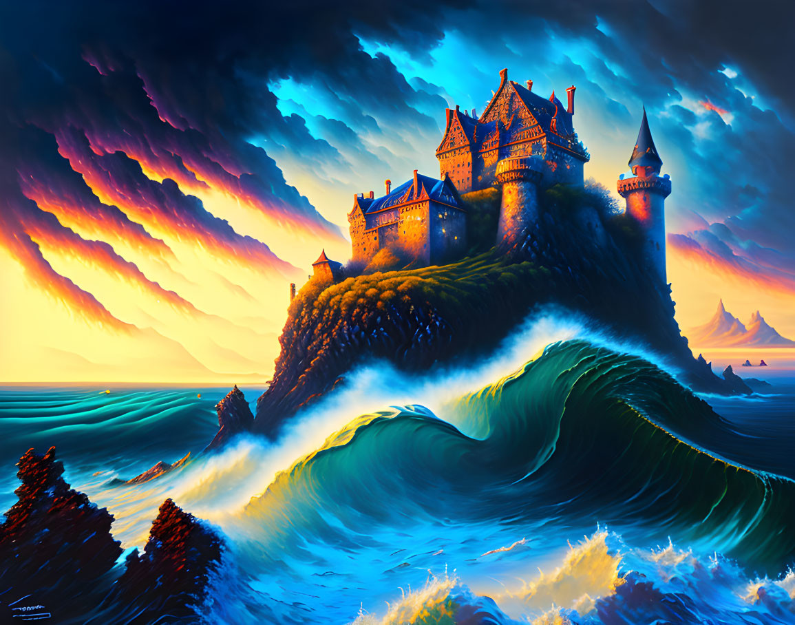 Fantasy castle on cliff with giant wave under dramatic sunset.