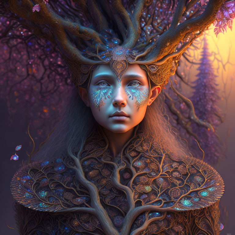 Mystical forest creature with antlers and blue facial markings in twilight ambiance