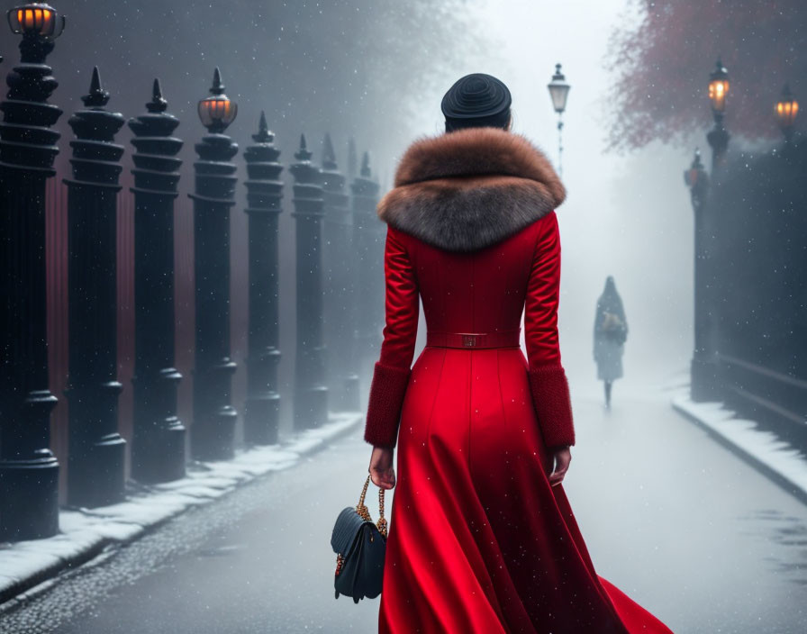 Woman in red coat and hat walking on foggy street with black bollards and purse.
