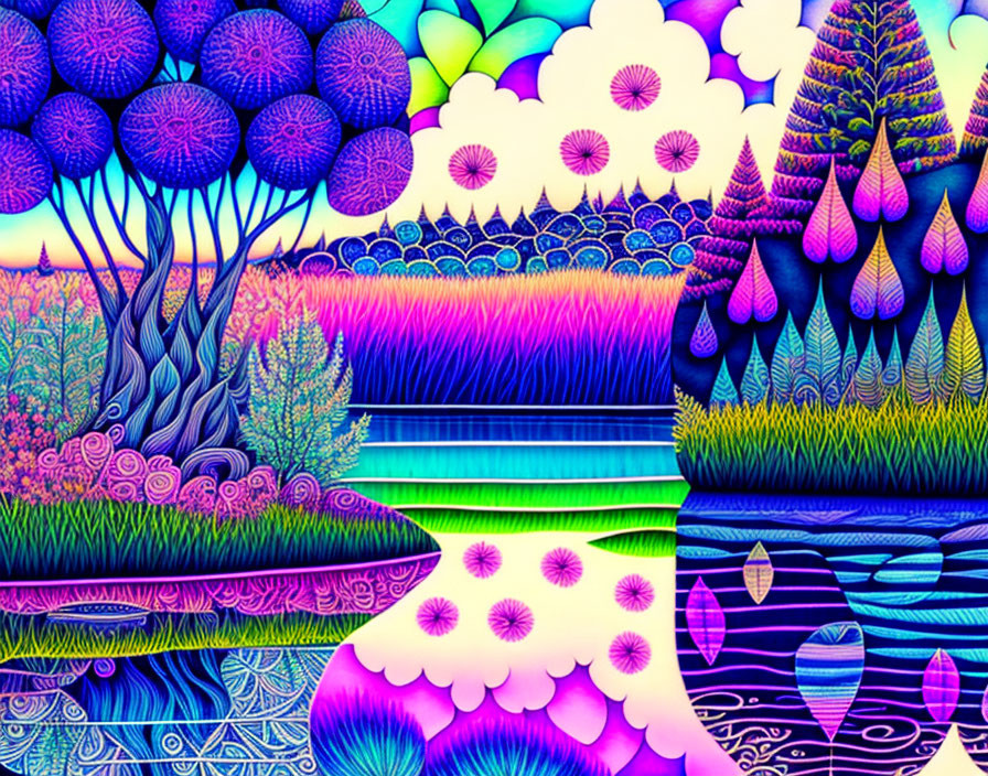 Colorful psychedelic landscape with patterned trees and reflective water