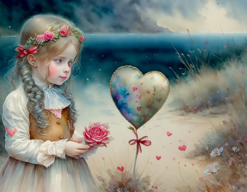 Young girl with floral wreath and rose near heart balloon by seaside