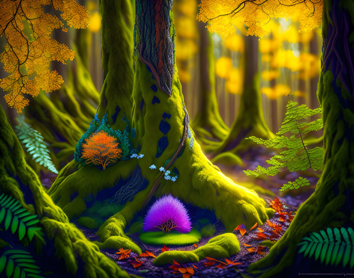 Luminescent trees and colorful foliage in vibrant forest scene