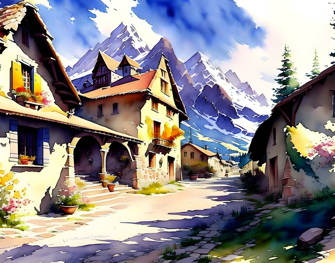 Scenic village street with colorful houses and mountain backdrop