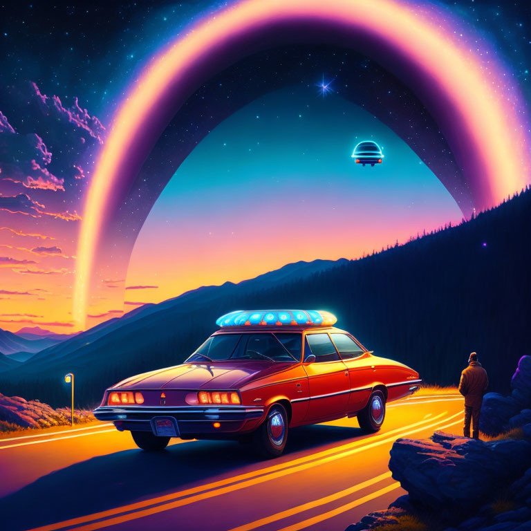 Colorful retro-futuristic police car under rainbow with UFO in starry sky