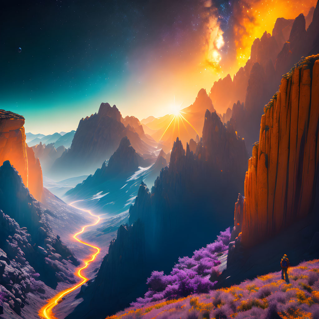 Scenic landscape with hiker, lava river, rocky terrain, starry sky, and sunrise.