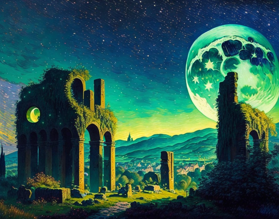 Surreal Night Landscape with Green Hues, Ancient Ruins, and Oversized Moon