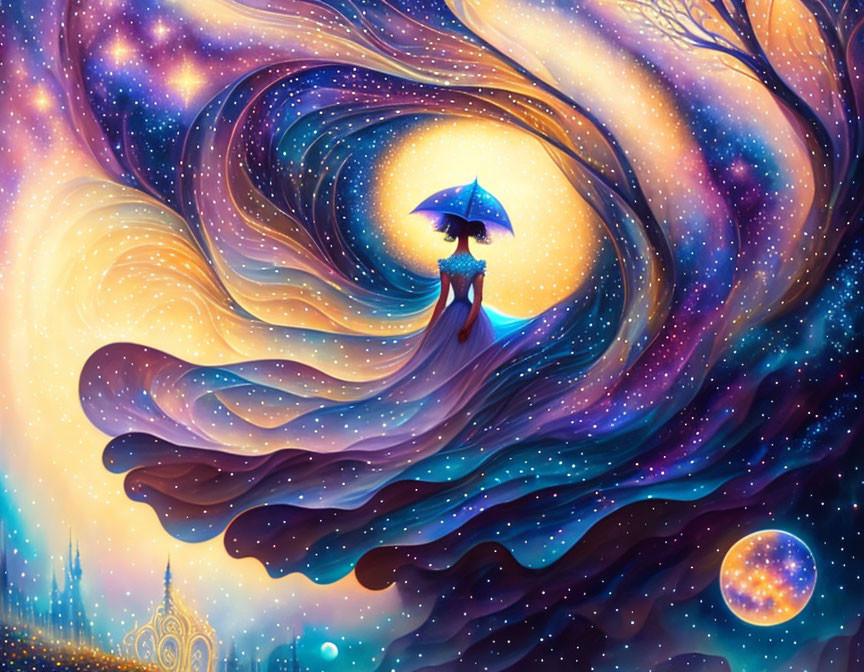 Colorful artwork of woman in gown with umbrella blending into starry night sky