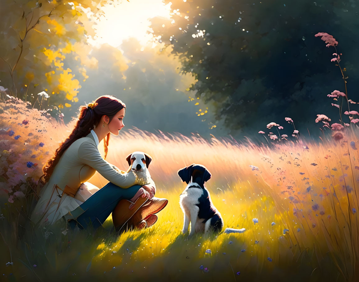 Woman with two dogs in sunlit meadow surrounded by flowers and trees.