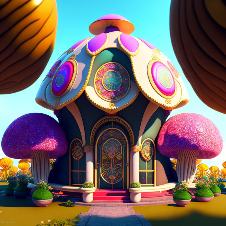 Vibrant mushroom-shaped building with ornate details and stylized surroundings