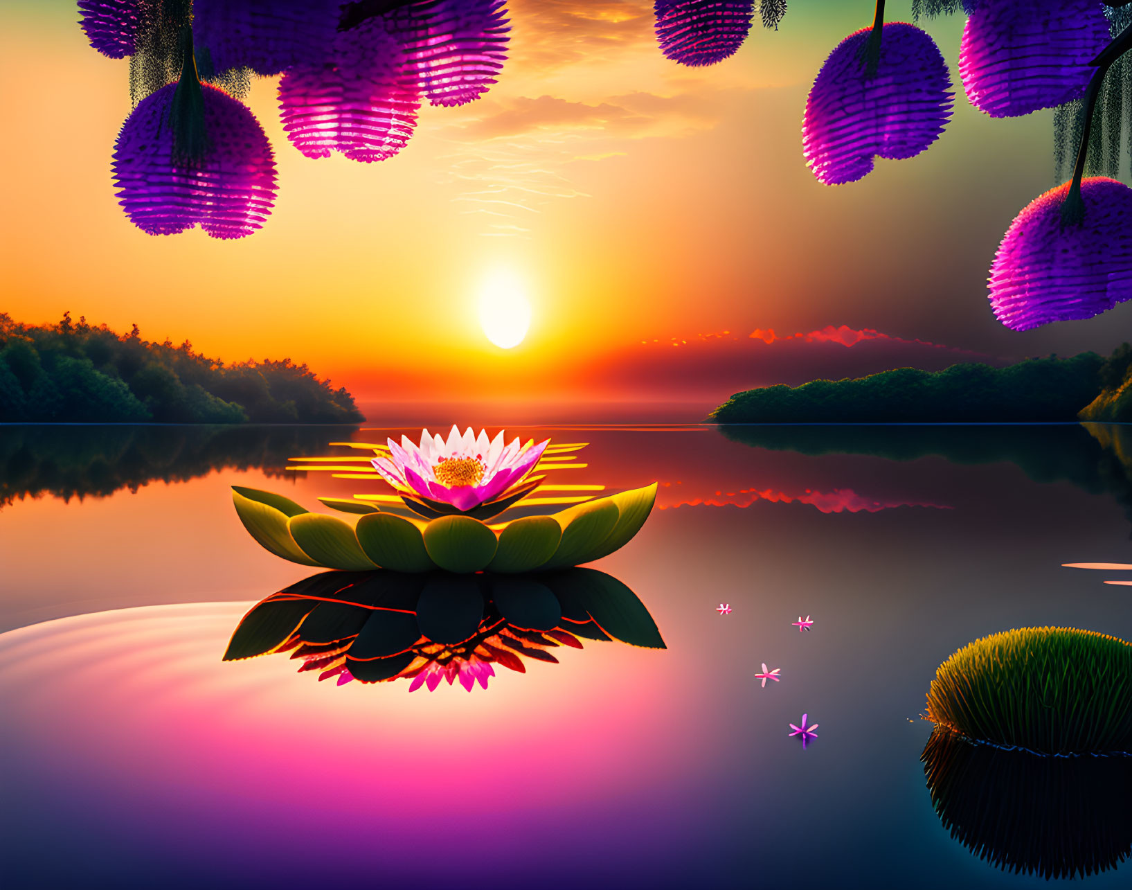 Colorful sunset over serene lake with lotus flower and hanging purple blooms.