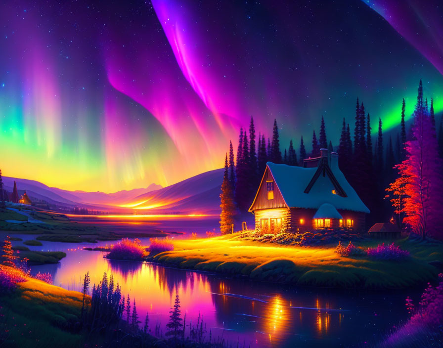 Scenic Northern Lights over cozy riverside cottage