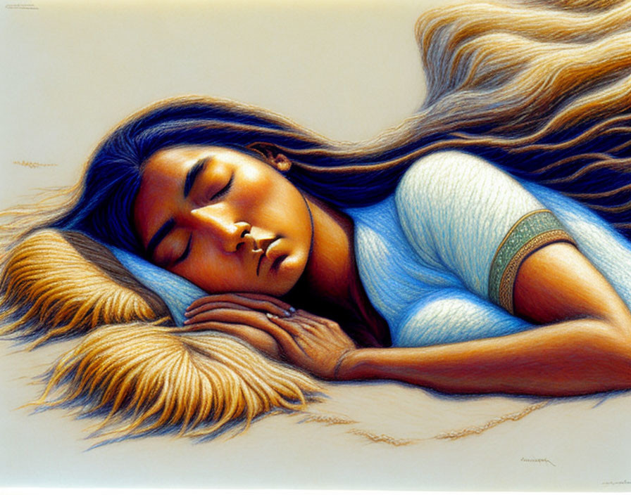 Tranquil woman with long hair resting peacefully in blue top