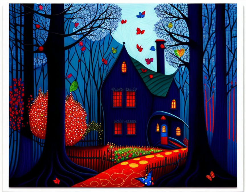 Colorful illustration of a whimsical blue house in a vibrant forest with butterflies