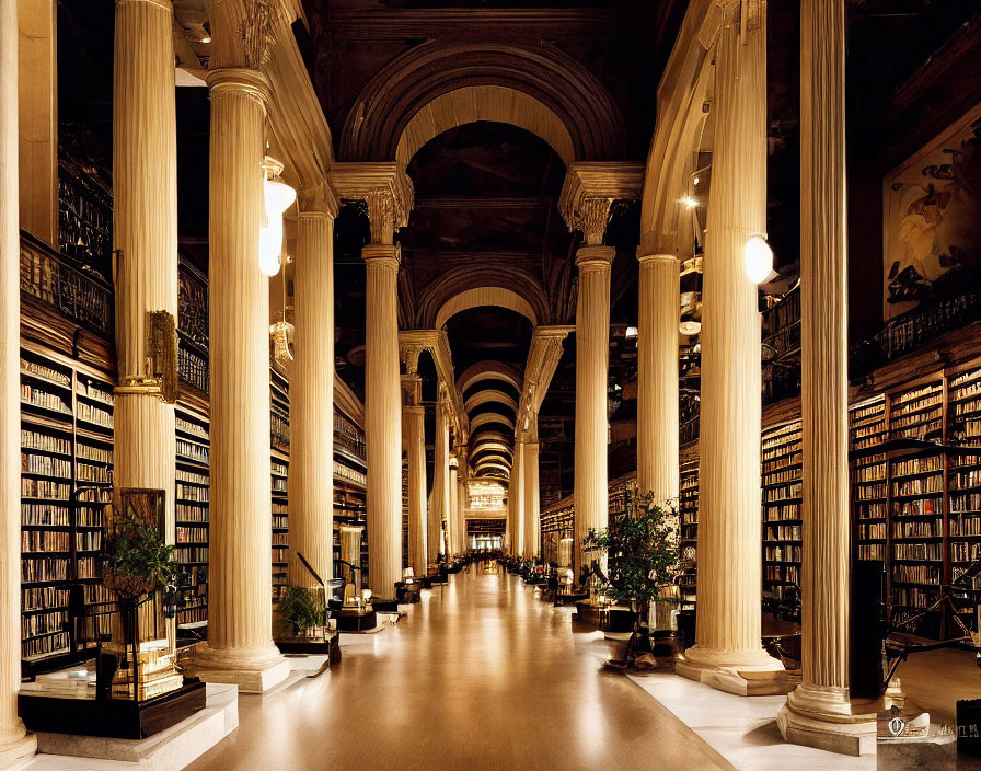 Majestic library with tall columns and book-filled shelves