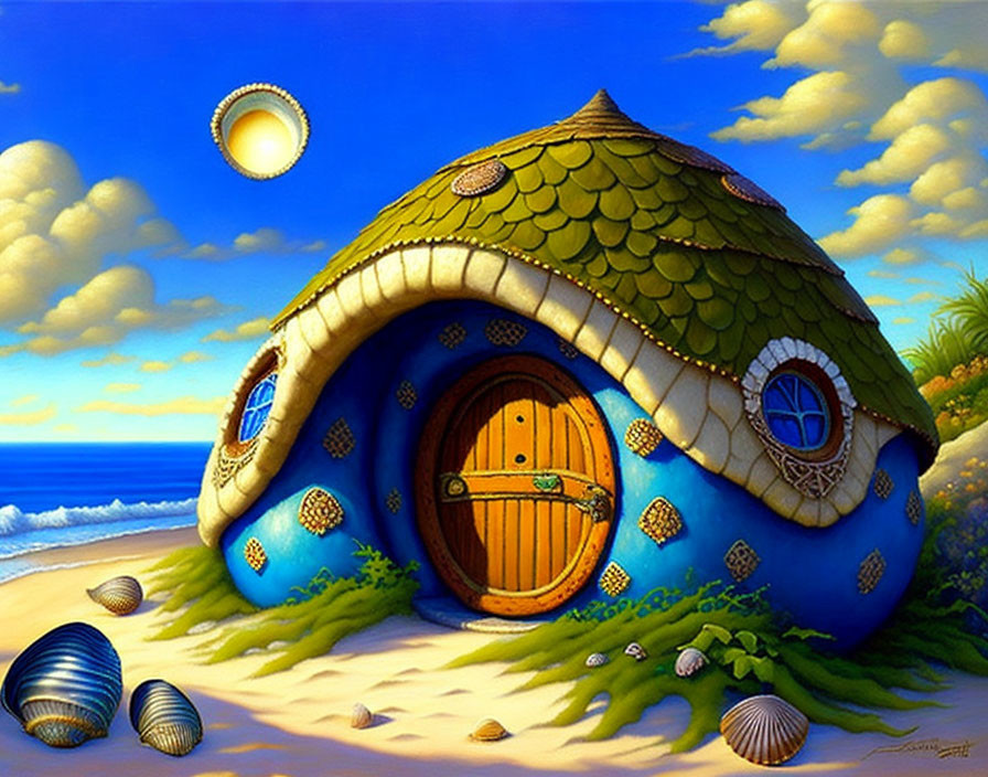 Illustration of Round Mollusk Shell-Shaped House on Sunny Beach