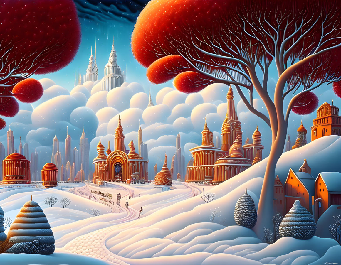 Snow-covered trees and fantastical buildings in a whimsical winter landscape