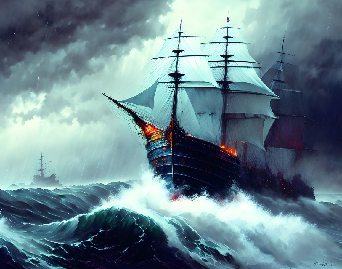 Sailing ship navigating stormy seas with billowed sails