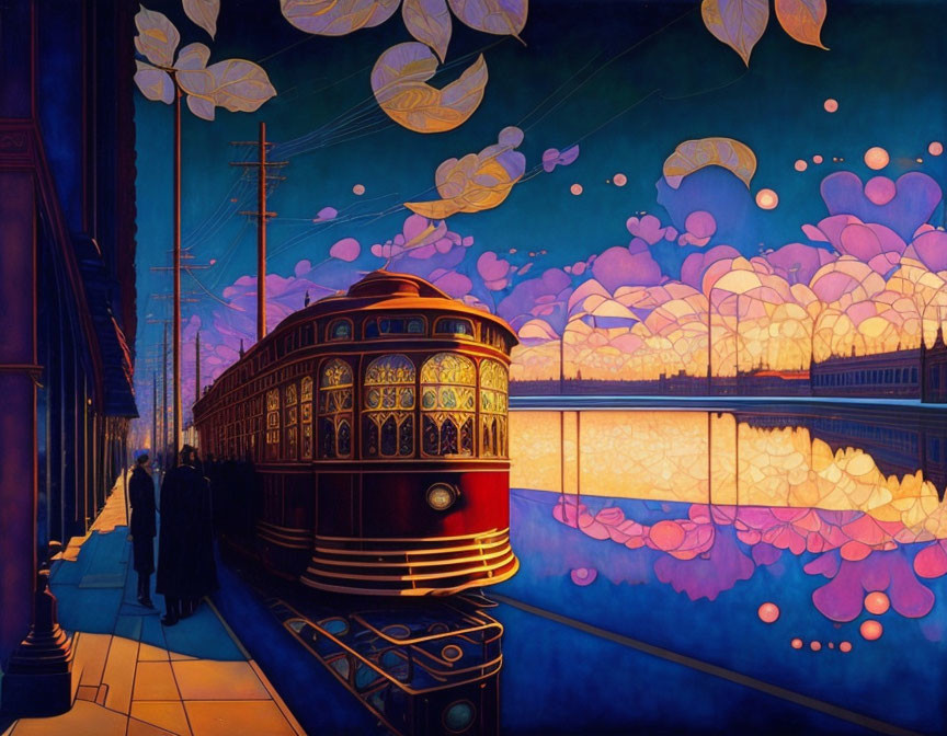 Vintage tram at twilight with pink blossoms reflecting on water