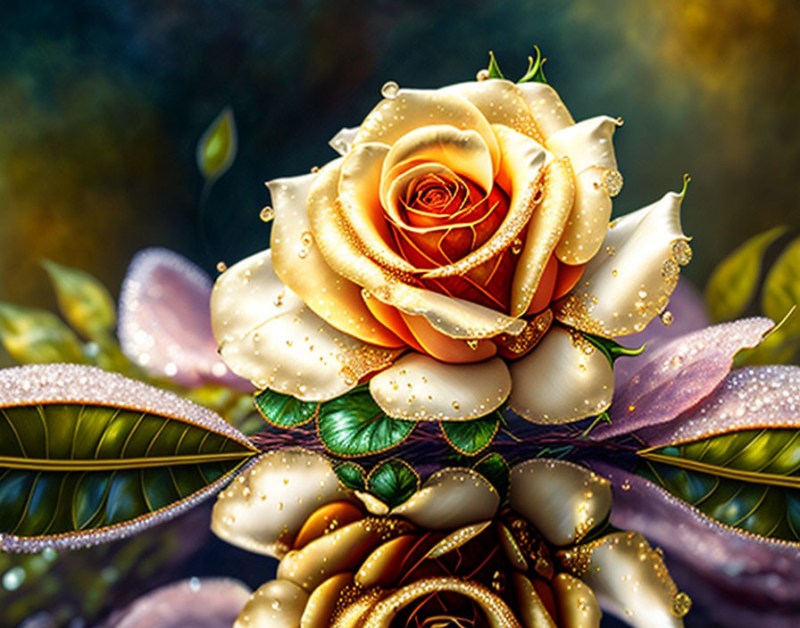 Golden Rose with Dew Drops Surrounded by Purple Leaves on Luminous Background