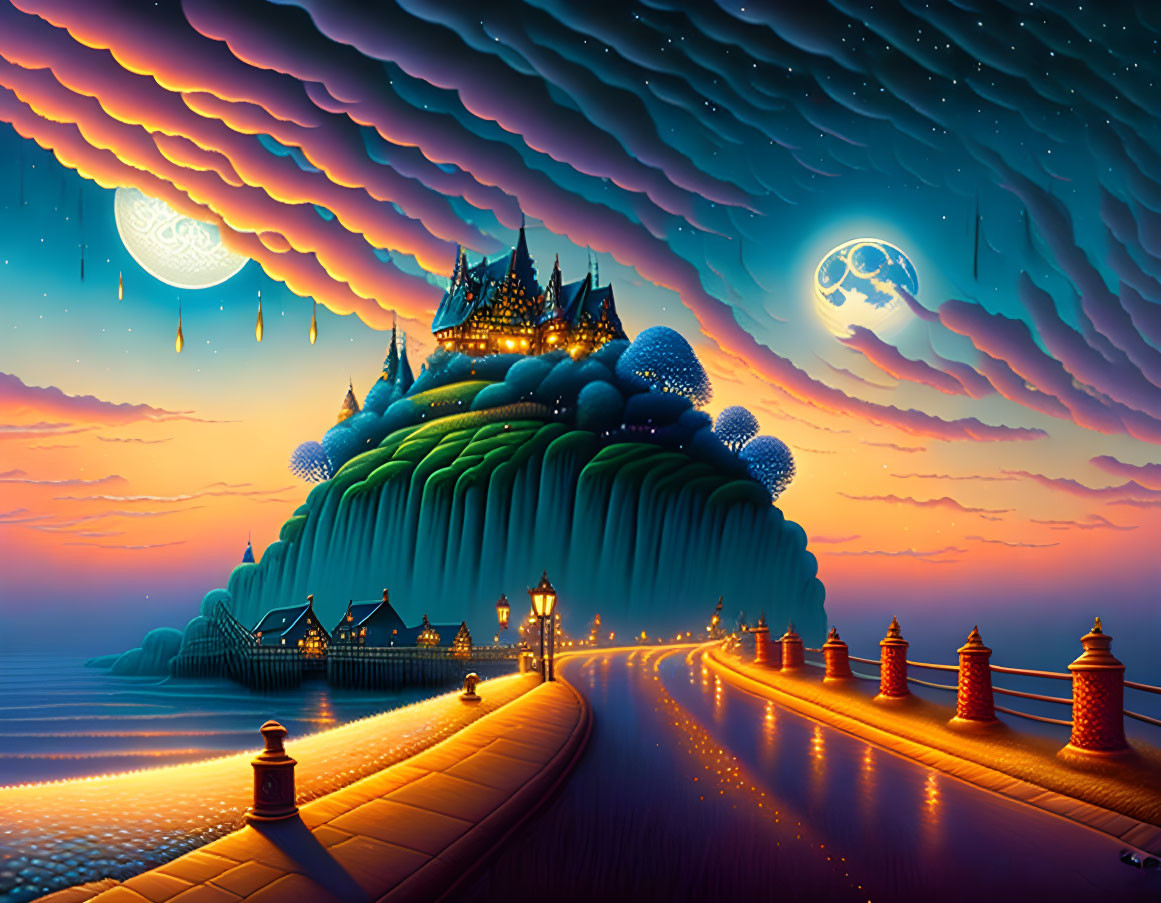 Fantastical night landscape with castle, moons, and lantern-lit path