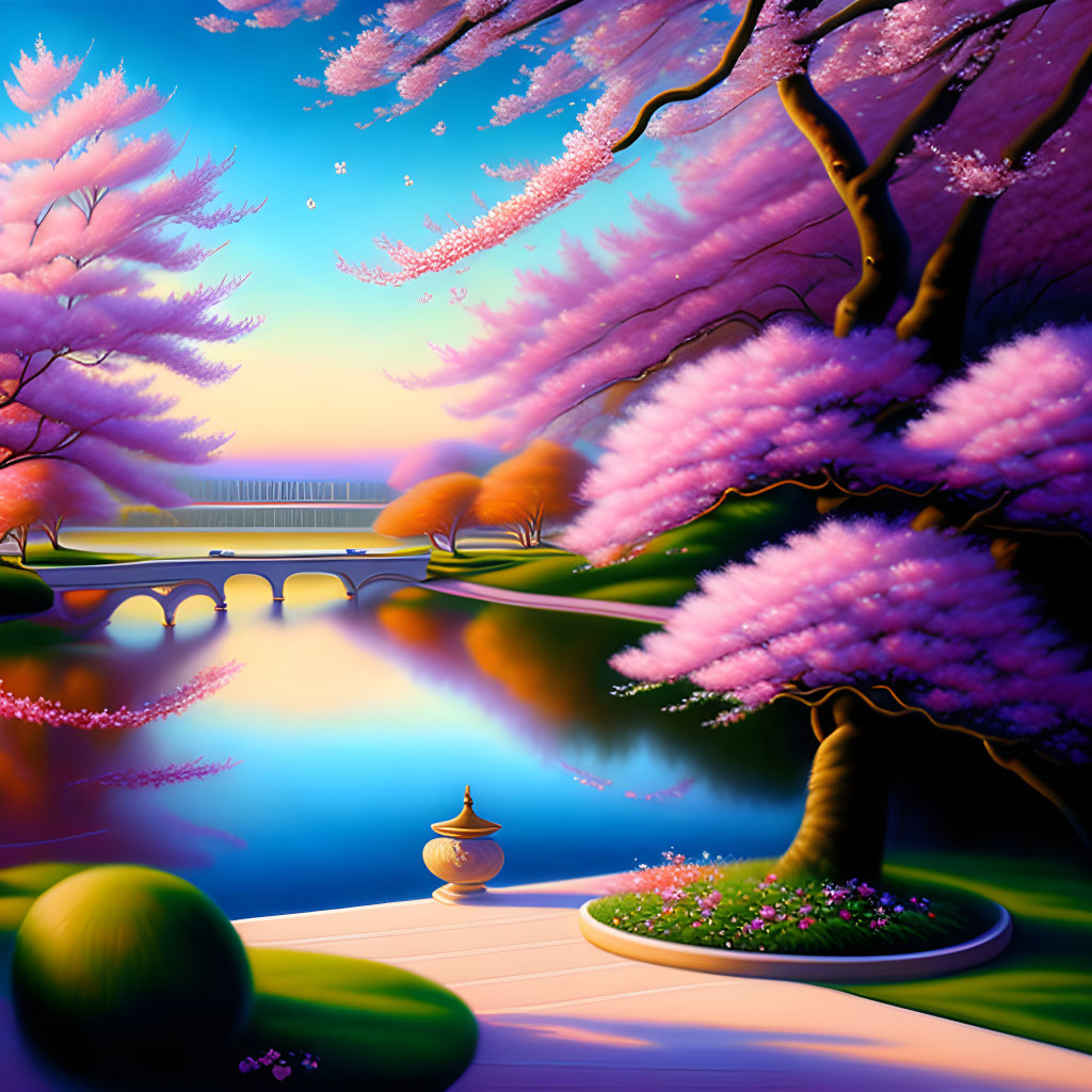 Digital artwork: Tranquil cherry blossom scene with river, bridge, and golden lamp
