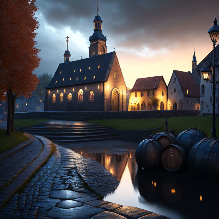 Picturesque church with illuminated windows at dusk