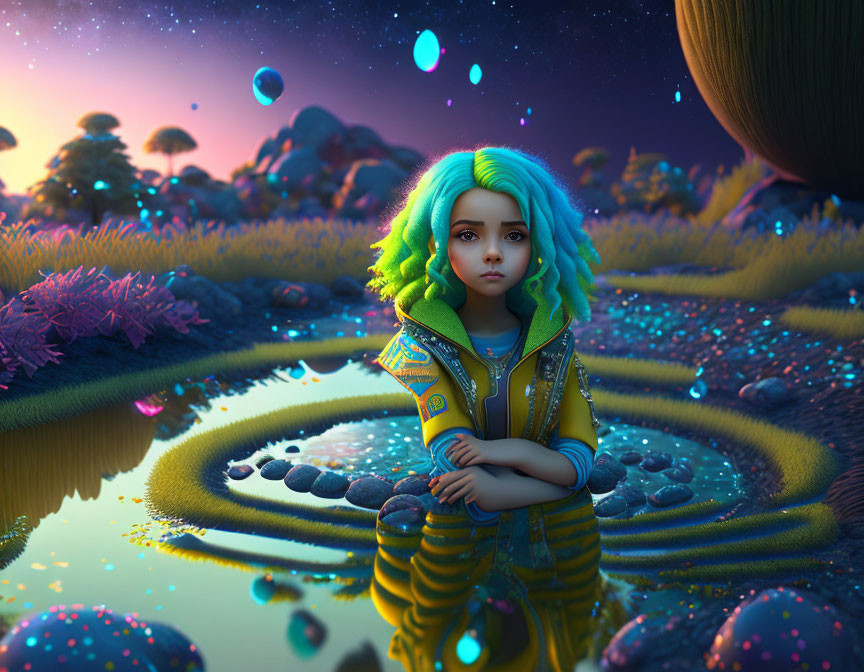 Colorful stylized image: Girl with rainbow hair by surreal pond with floating blue orbs and vibrant alien