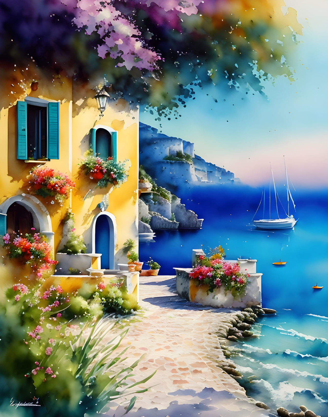 Seaside painting: Yellow building, flowers, cobblestone path, blue ocean, sailboats,