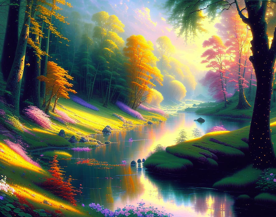 Colorful forest landscape with river at sunrise/sunset