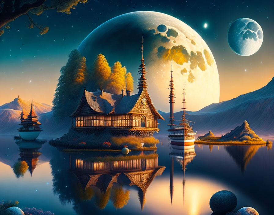 Fantasy landscape with traditional house by water and oversized moons in starry sky