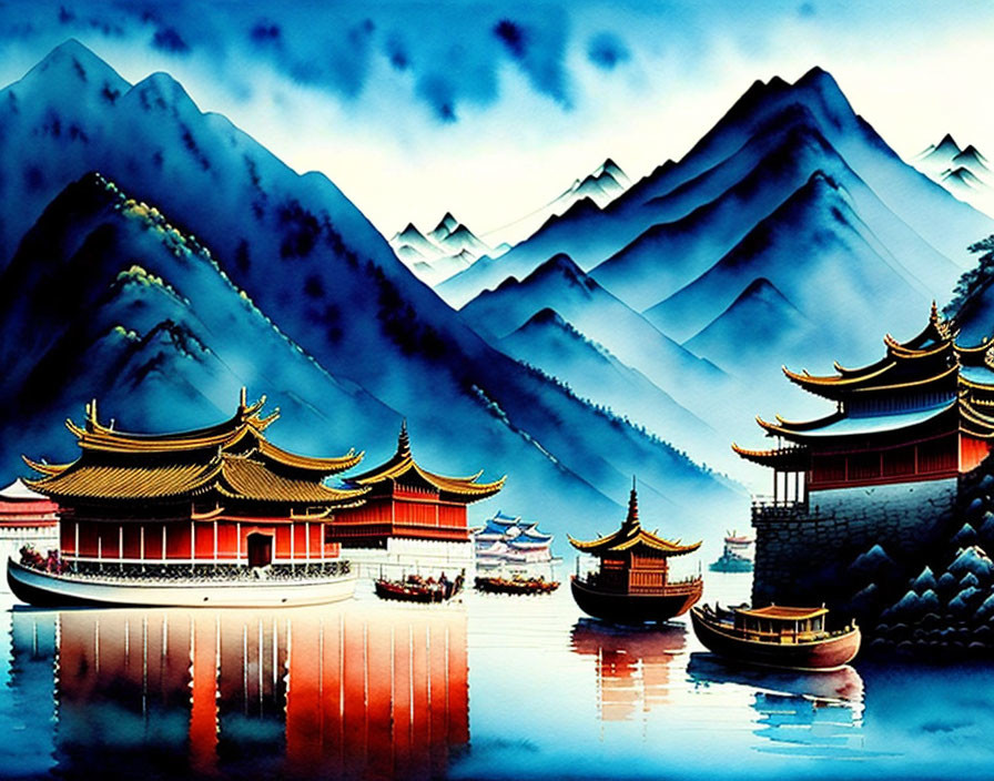 Serene Traditional Chinese Mountain Painting with Pagodas and Boats