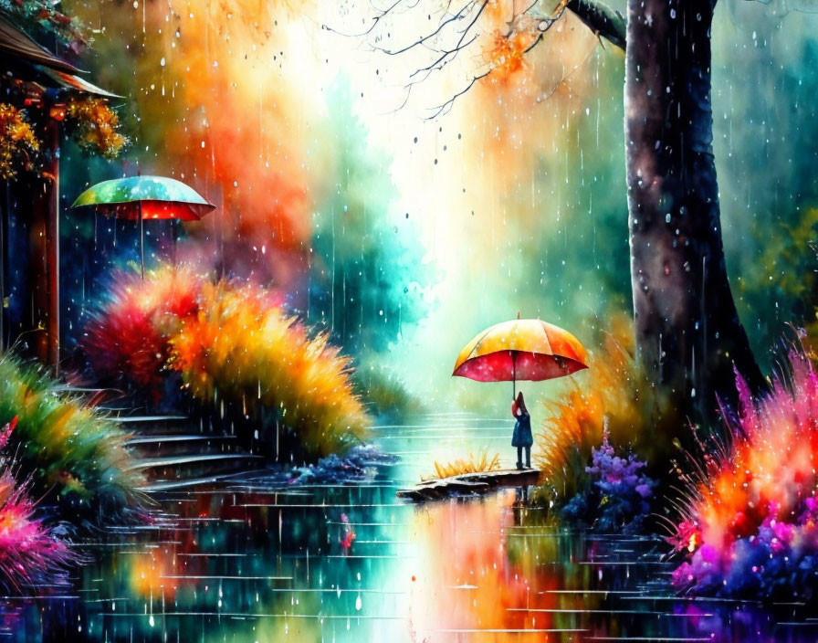 Colorful painting: Person with yellow umbrella in vibrant, rainy street