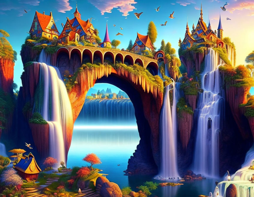 Majestic fantasy landscape with waterfalls, castle, lush greenery, and birds