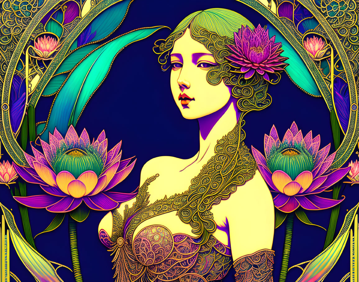 Colorful Art Nouveau-inspired woman illustration with floral and intricate patterns