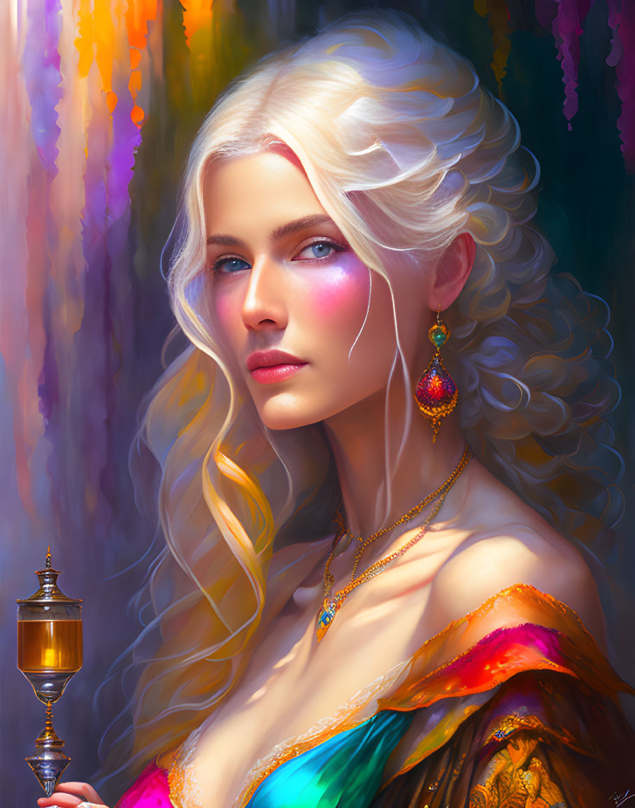 Fantasy portrait of a blonde woman with blue eyes, ornate jewelry, and colorful attire in dream