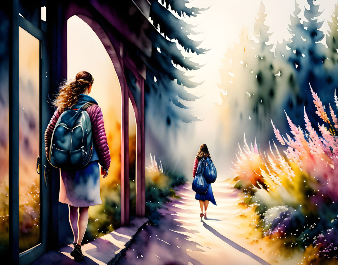 Two People Enter Colorful Forest Path from Darkened Doorway