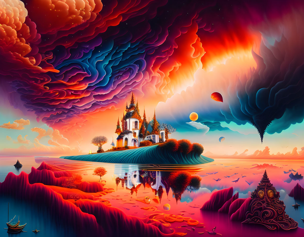 Surreal landscape with castle on island under multicolored sky