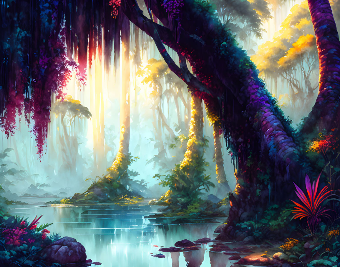 Mystical forest with lush vegetation and serene pond