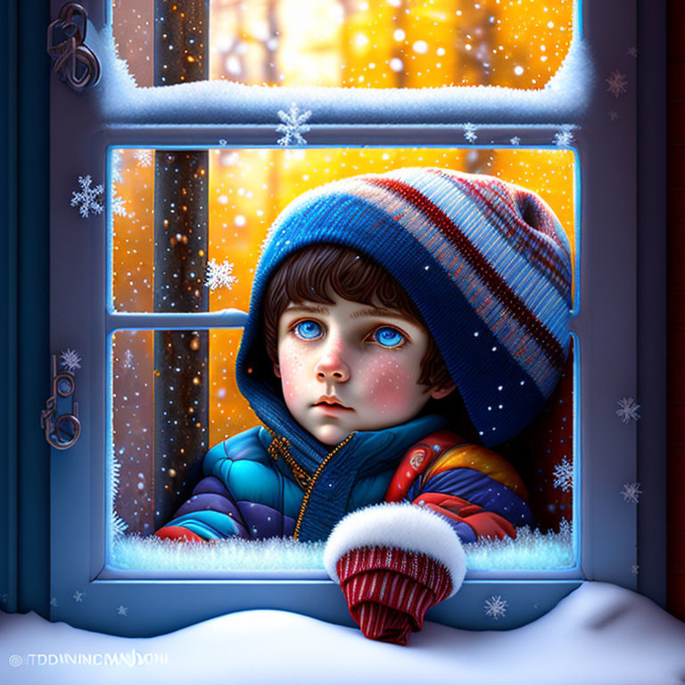 Child in Colorful Winter Attire Watching Snowfall Through Frosty Window