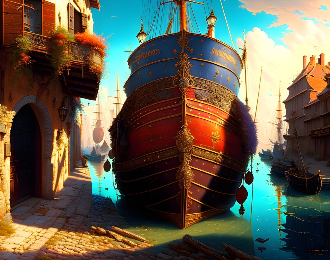 Ornate galleon in sunlit harbor with boats and buildings
