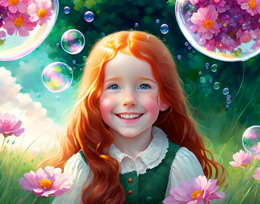 Red-haired girl with blue eyes in whimsical, colorful scene