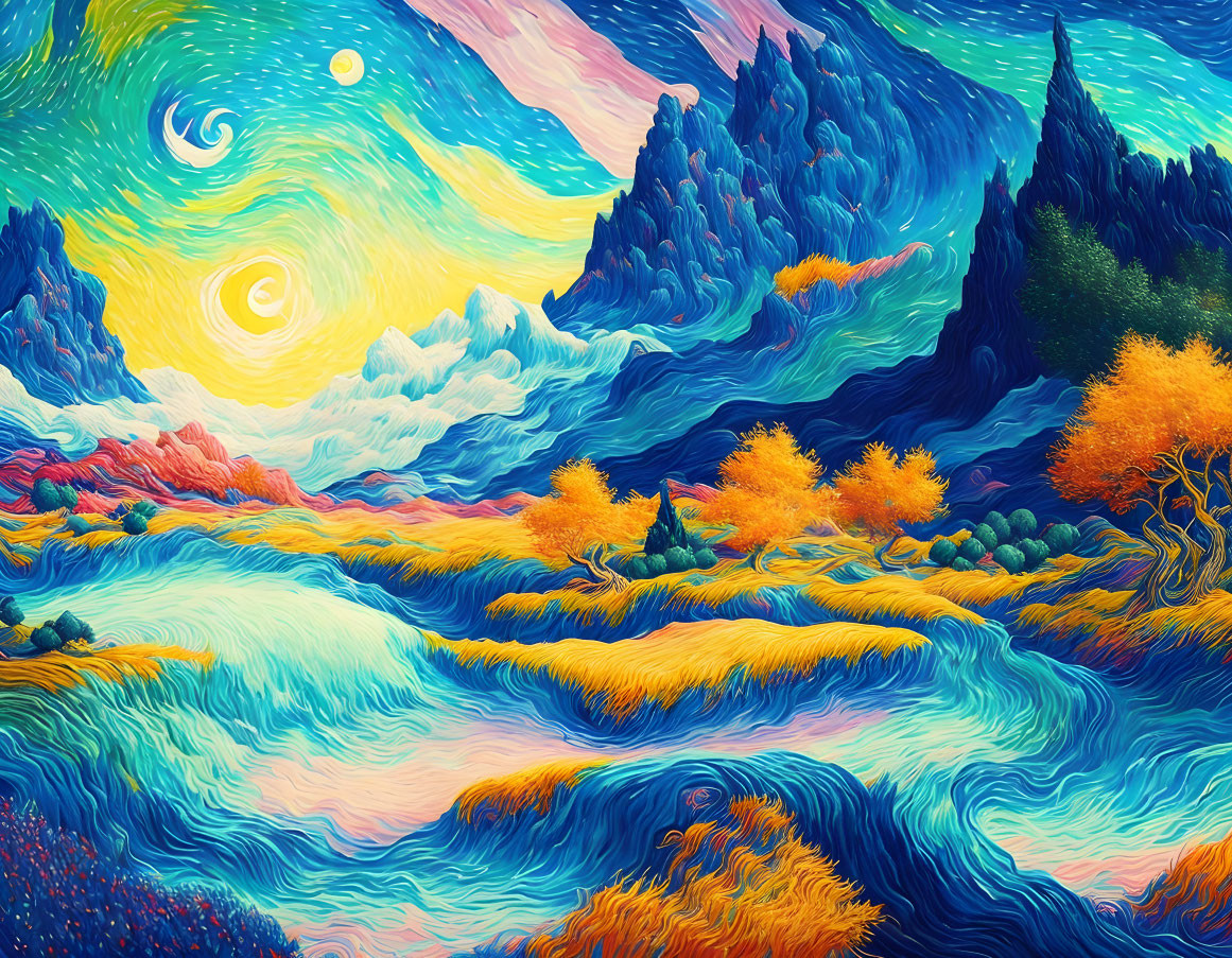 Colorful Van Gogh-inspired painting of swirling skies, rivers, trees, and mountains under a bright