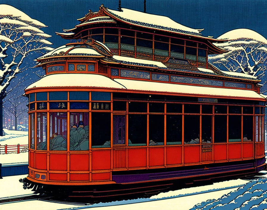 Traditional red tram with passengers in snowy mountain backdrop