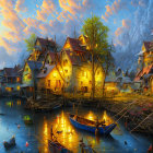 Tranquil lakeside village at twilight with warmly lit cottages