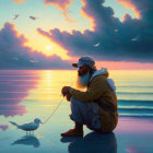 Elderly bearded man fishing at sunset with calm sea waters
