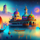 Colorful mosaic palace, floating orbs, and celestial sky in vibrant fantasy landscape