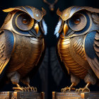 Ornate Mechanical Owls with Golden Finishes on Dark Background