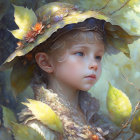 Digital artwork: Young child in nature-inspired attire with leaves, gazing softly.